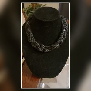 Black Bead Braided Necklace